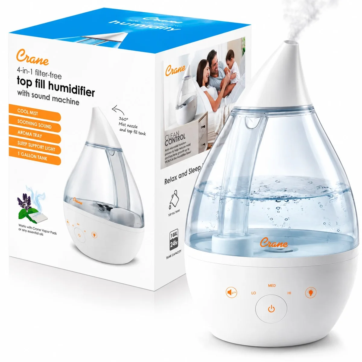 Crane 4-in-1 Top Fill Humidifier with Sound Machine - imagen 1