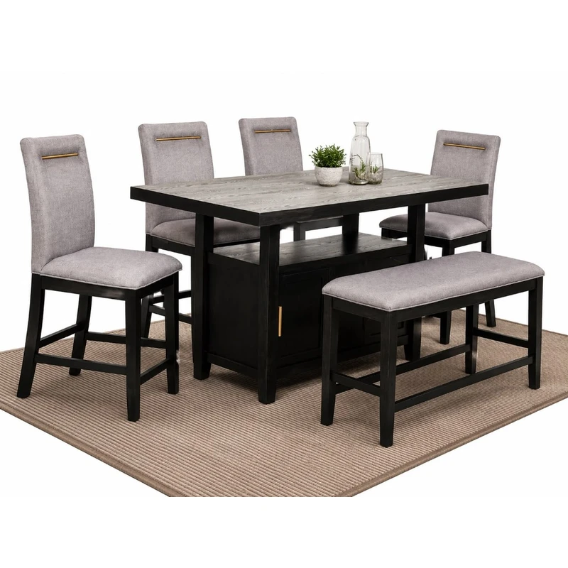Juego de comedor 7 piezas — blanco gloss y sillas grises