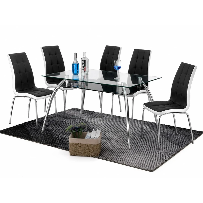 Juego de comedor 7 piezas — cristal y sillas negro/blanco