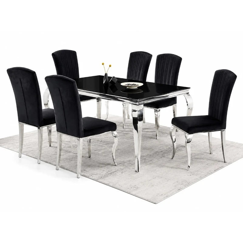 Juego de comedor 7 piezas — cristal negro y terciopelo cromado