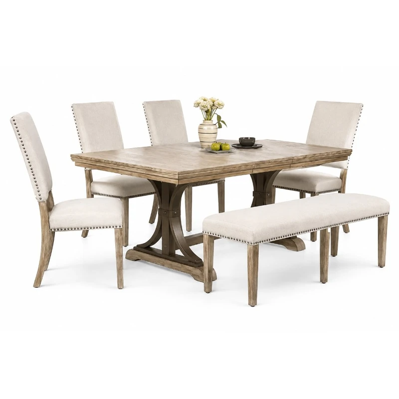 Juego de comedor 7 piezas — farmhouse gris y sillas ladder