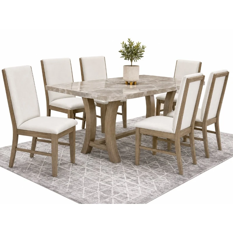 Juego de comedor 7 piezas — mármol beige y sillas crema