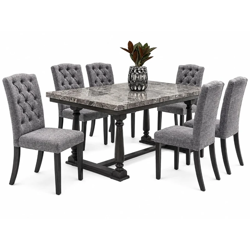 Juego de comedor 7 piezas — mármol blanco y sillas negras tufted