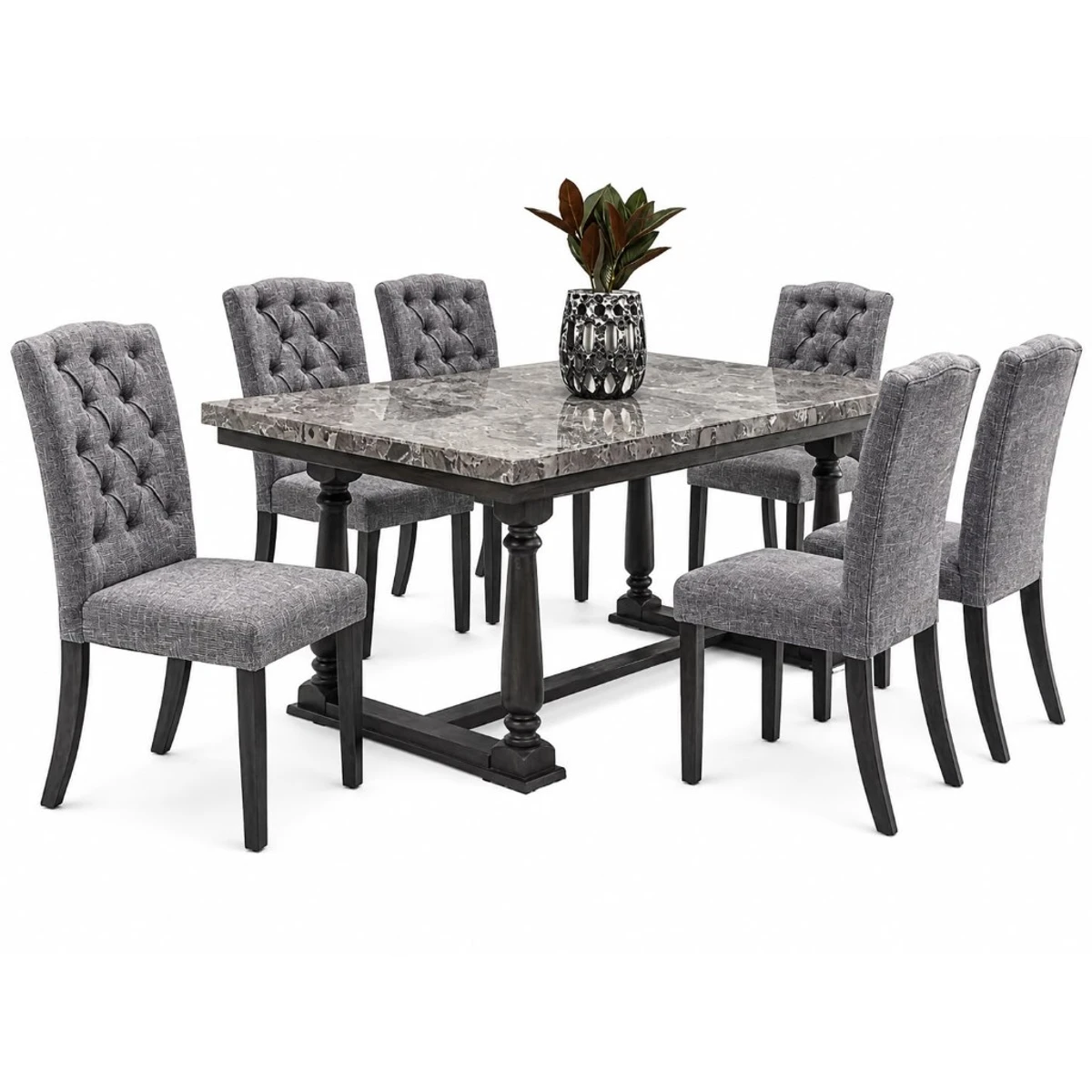 Juego de comedor 7 piezas — mármol blanco y sillas negras tufted - imagen 1