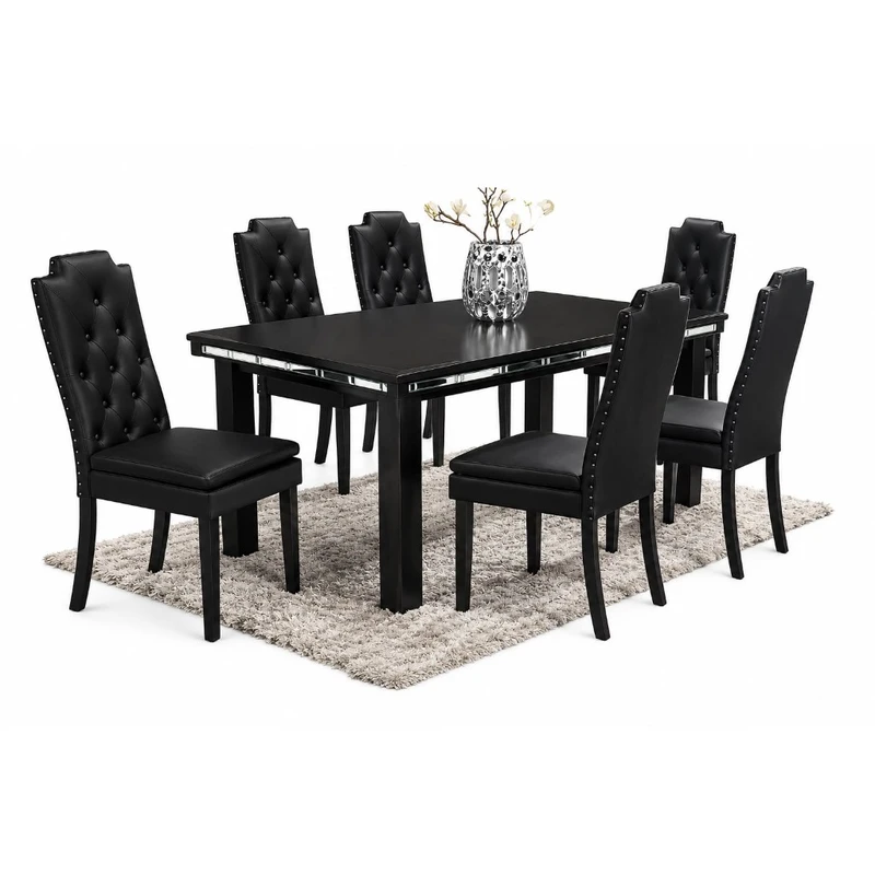 Juego de comedor negro tapizado 7 piezas — acentos plateados