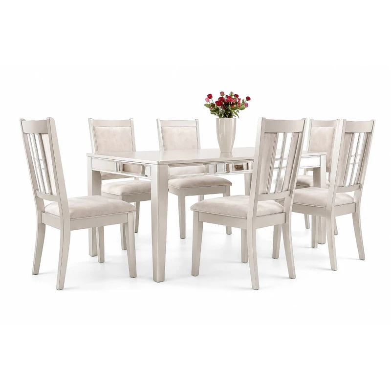 Juego de comedor negro 7 piezas — borde espejo y sillas tufted