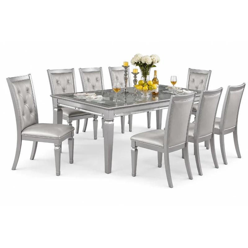Juego de comedor 9 piezas — plata glam con espejo