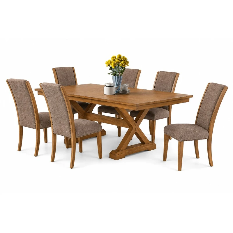 Juego de comedor 7 piezas — madera clara trestle y sillas patrón