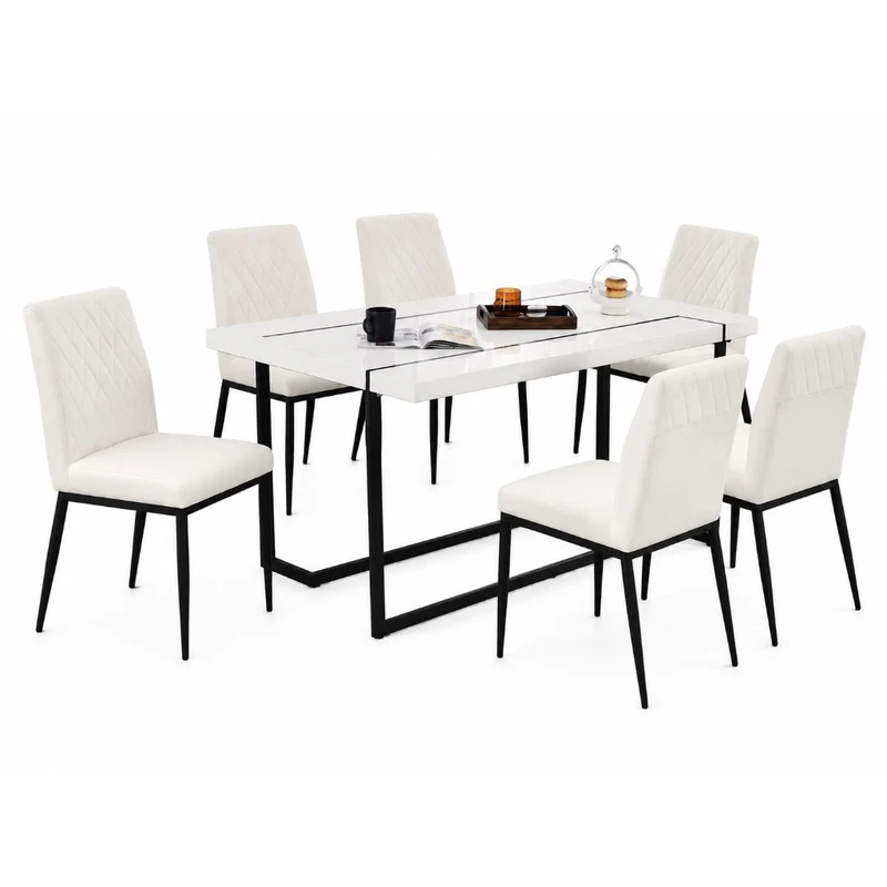 Juego de comedor 7 piezas — blanco gloss y marco negro
