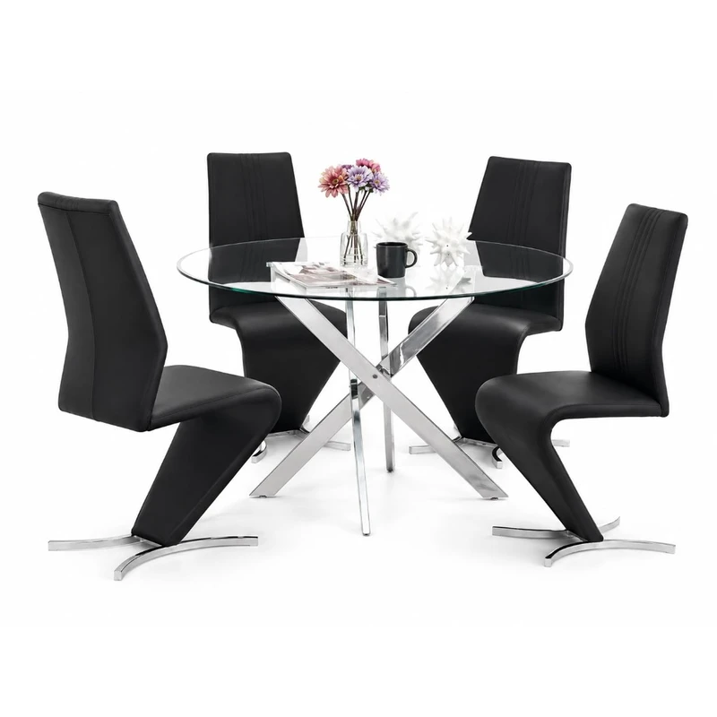 Juego de comedor 9 piezas — plata metálica y sillas tufted