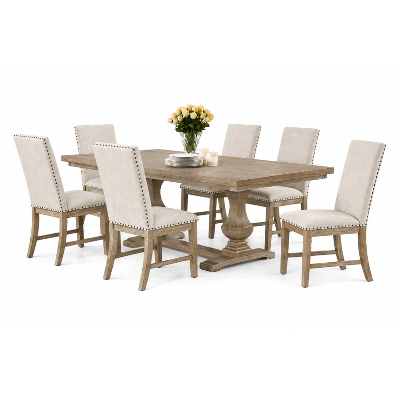 Juego de comedor 7 piezas — mesa trestle rústica y sillas lino