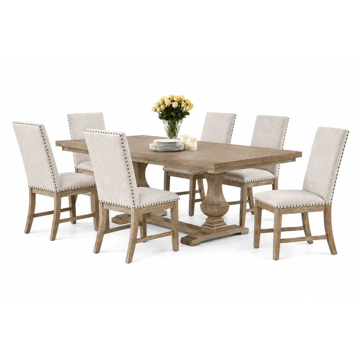 Juego de comedor 7 piezas — mesa trestle rústica y sillas lino - imagen 1