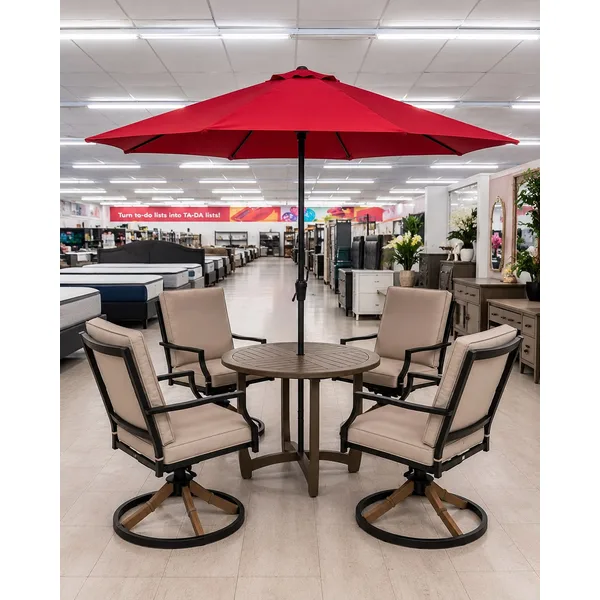Outdoor Patio Dining Set with Red Umbrella and Swivel Chairs