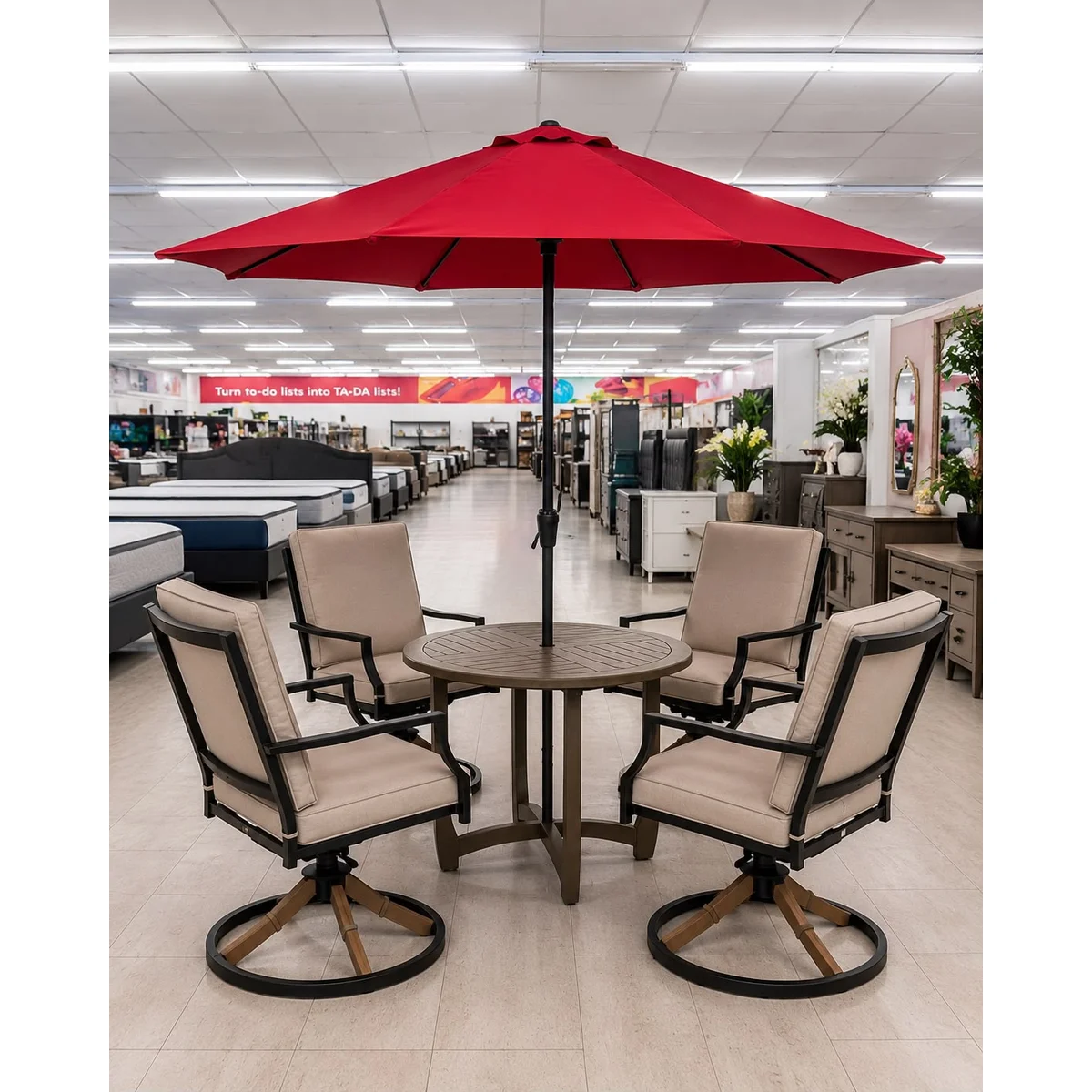 Outdoor Patio Dining Set with Red Umbrella and Swivel Chairs - imagen 1