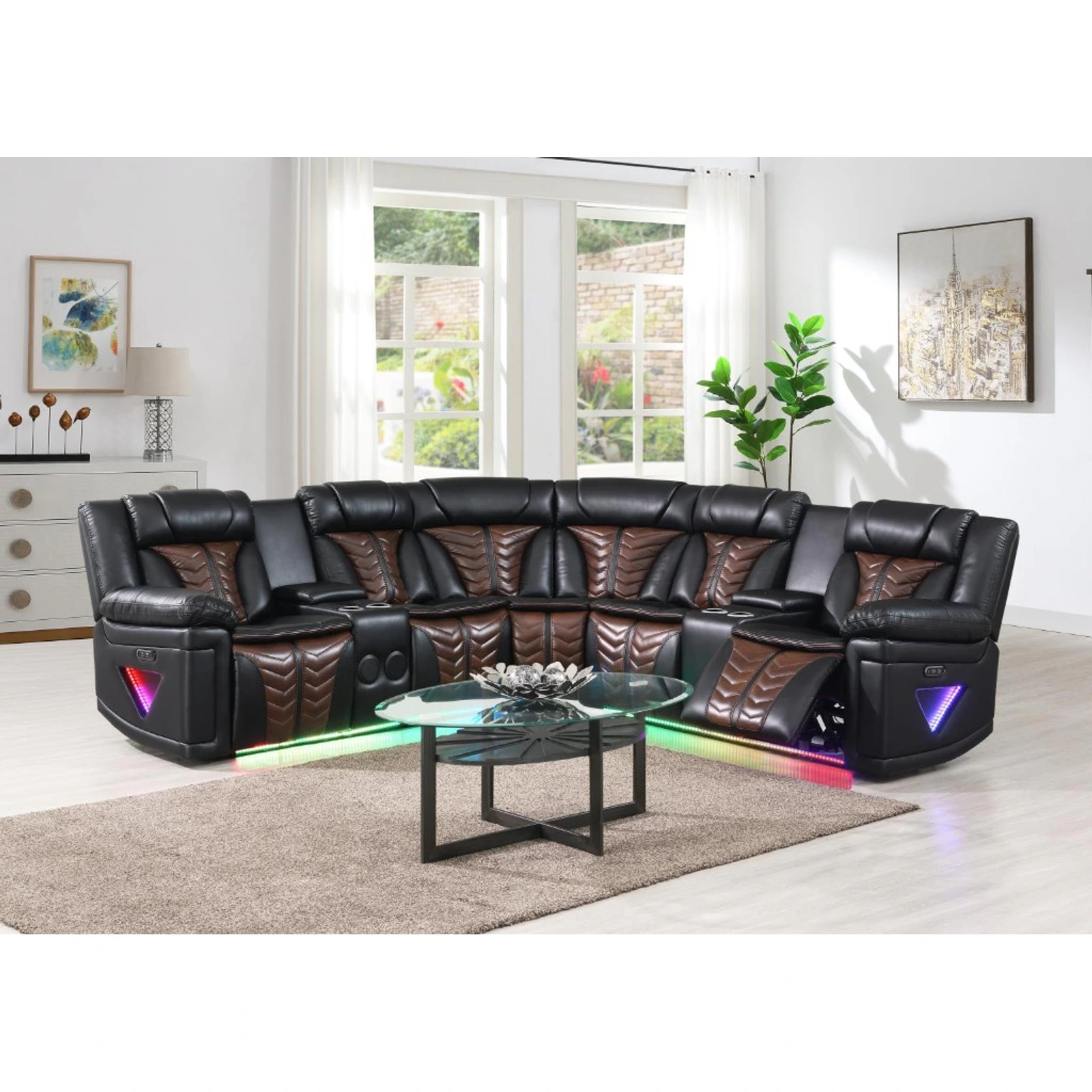 Sofá seccional U56 LED reclinable — Negro y café - imagen 1